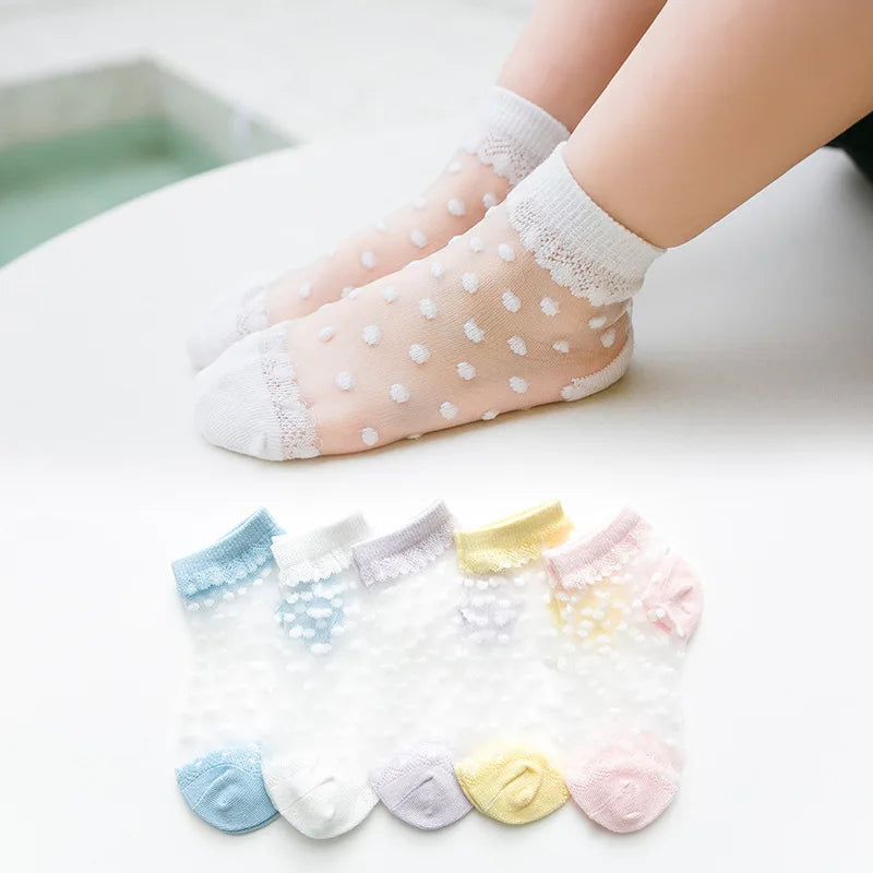 5 Pairs/Lot Summer Girls Socks Lovely Dot Crystal Silk Kids Socking Children Baby Girl Mesh Breathable Elastic Lace Sock