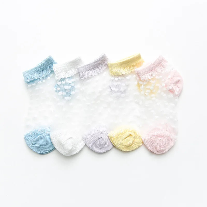 5 Pairs/Lot Summer Girls Socks Lovely Dot Crystal Silk Kids Socking Children Baby Girl Mesh Breathable Elastic Lace Sock