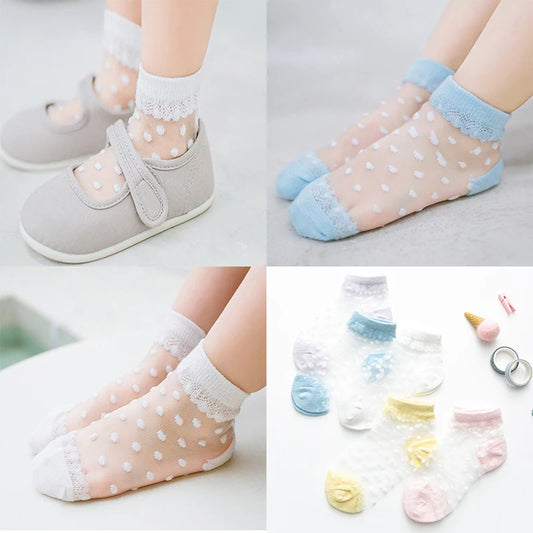 5 Pairs/Lot Summer Girls Socks Lovely Dot Crystal Silk Kids Socking Children Baby Girl Mesh Breathable Elastic Lace Sock