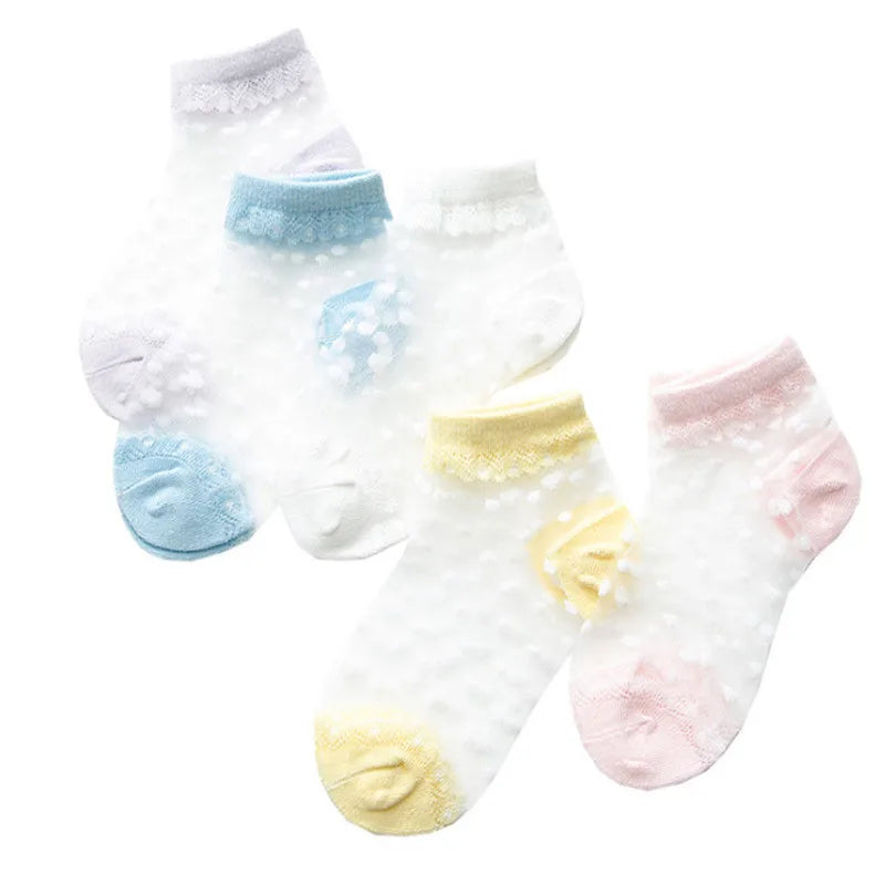 5 Pairs/Lot Summer Girls Socks Lovely Dot Crystal Silk Kids Socking Children Baby Girl Mesh Breathable Elastic Lace Sock