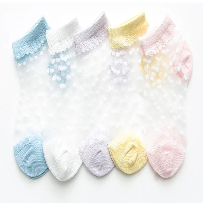 5 Pairs/Lot Summer Girls Socks Lovely Dot Crystal Silk Kids Socking Children Baby Girl Mesh Breathable Elastic Lace Sock