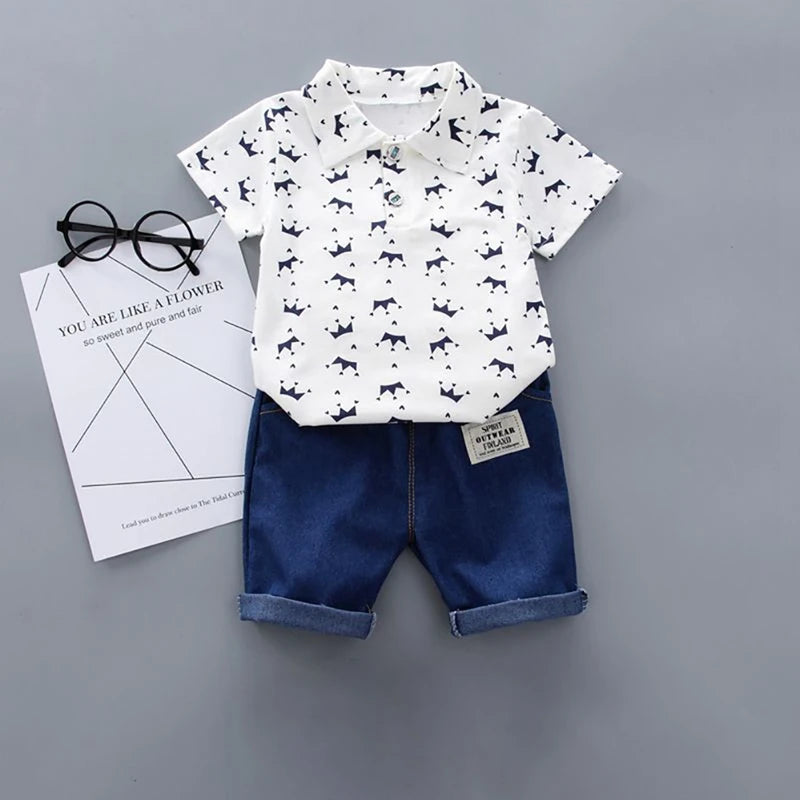 2Pcs Children Clothing for Boy 1-4Y Crown Print Shirt+Jeans Short Summer Cotton Soft Kids Set Toddler Casual Outing Fashion Suit