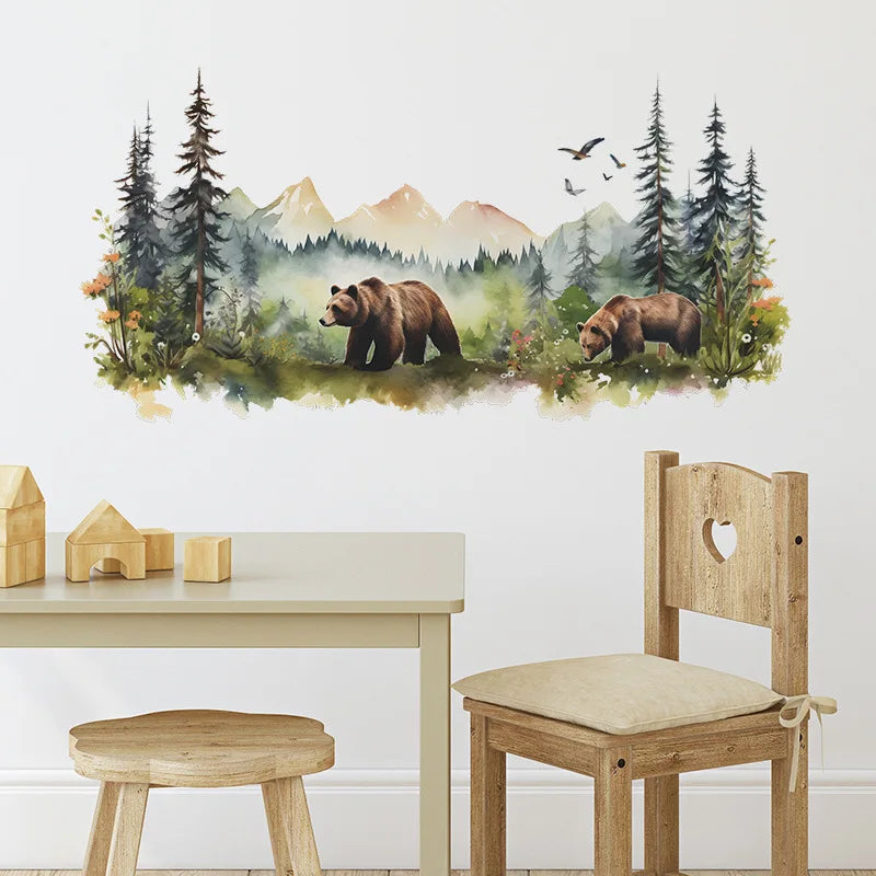 Painted Forest Brown Bear Wall Stickers Living Kids Room Bedroom Background For Home Decoration Wallpaper Self-adhesive Decals