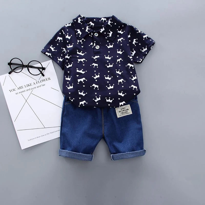 2Pcs Children Clothing for Boy 1-4Y Crown Print Shirt+Jeans Short Summer Cotton Soft Kids Set Toddler Casual Outing Fashion Suit