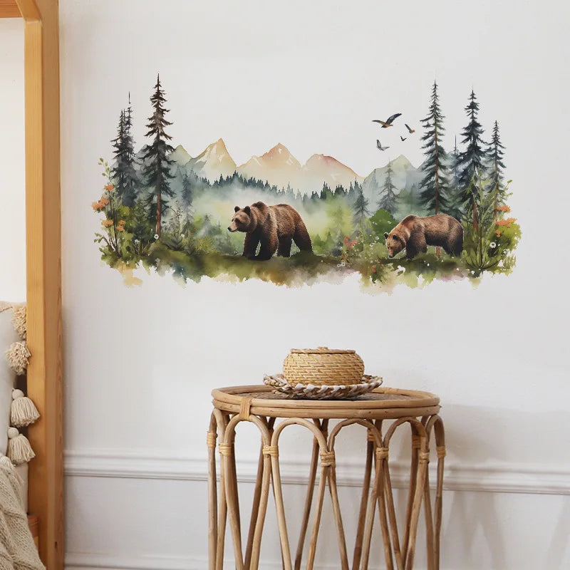 Painted Forest Brown Bear Wall Stickers Living Kids Room Bedroom Background For Home Decoration Wallpaper Self-adhesive Decals