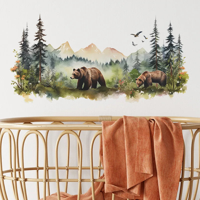 Painted Forest Brown Bear Wall Stickers Living Kids Room Bedroom Background For Home Decoration Wallpaper Self-adhesive Decals