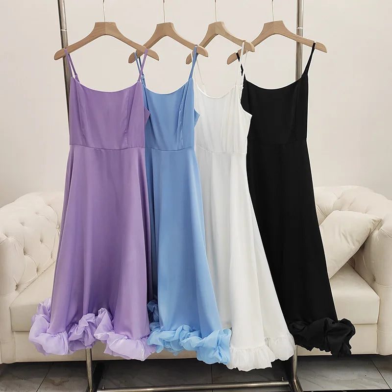 Elegant Ruffle Solid Sling Long Dress Women Strap