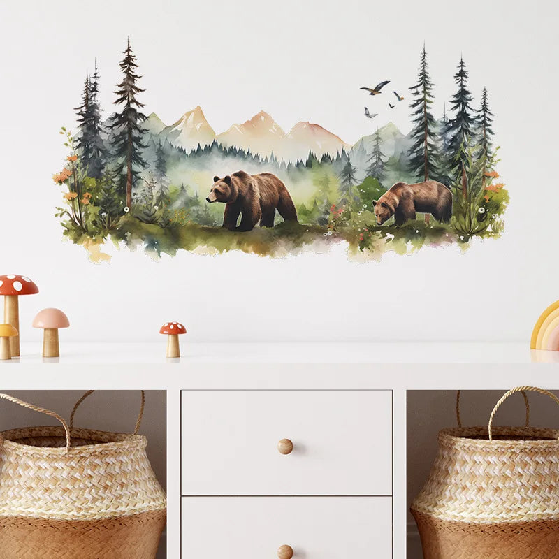 Painted Forest Brown Bear Wall Stickers Living Kids Room Bedroom Background For Home Decoration Wallpaper Self-adhesive Decals