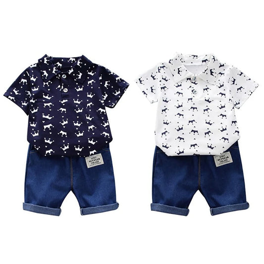 2Pcs Children Clothing for Boy 1-4Y Crown Print Shirt+Jeans Short Summer Cotton Soft Kids Set Toddler Casual Outing Fashion Suit